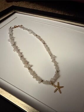 Gold Starfish Necklace with White Chip Beads